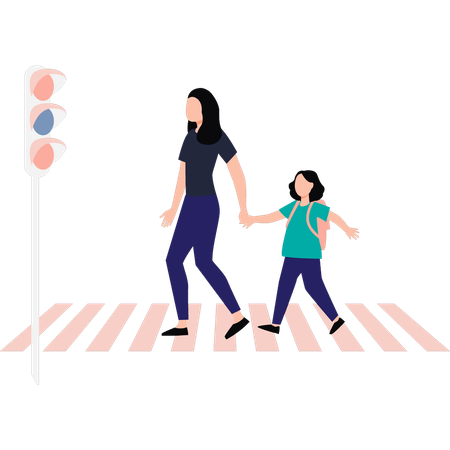 Madre e hija están cruzando la calle.  Ilustración