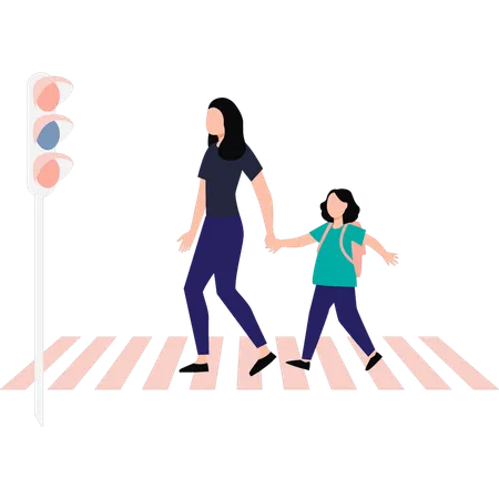 Madre e hija están cruzando la calle.  Ilustración