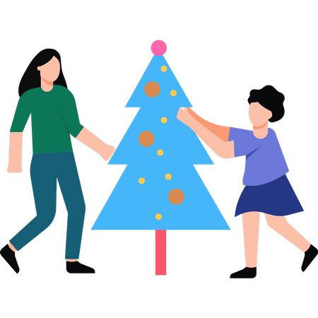 Madre e hija están decorando el árbol de Navidad.  Ilustración