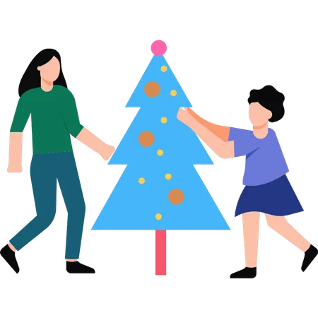 Madre e hija están decorando el árbol de Navidad.  Ilustración