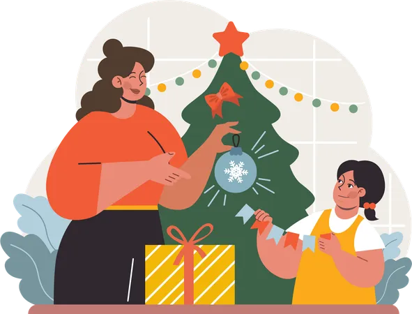 Madre e hija disfrutan de la víspera de Navidad  Ilustración