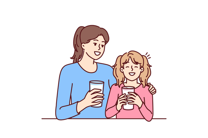 Madre e hija disfrutan juntas de un vaso de leche  Ilustración