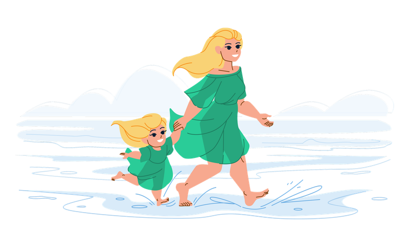 Madre e hija disfrutan en la playa  Ilustración