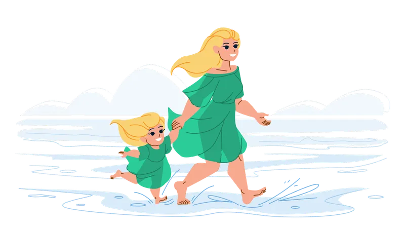 Madre e hija disfrutan en la playa  Ilustración