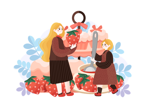 Madre e hija están preparando comida juntas.  Ilustración