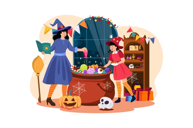 Madre e hija están preparando comida para la fiesta de Halloween  Ilustración