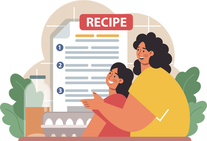 Madre e hija están viendo recetas de comida.  Ilustración