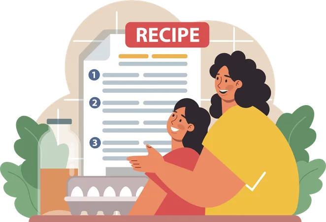 Madre e hija están viendo recetas de comida.  Ilustración