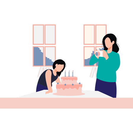 Madre e hija haciendo clic en fotos de pastel  Ilustración