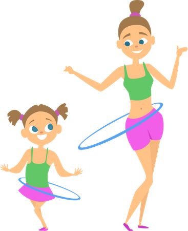 Madre e hija haciendo hula-hoop  Ilustración