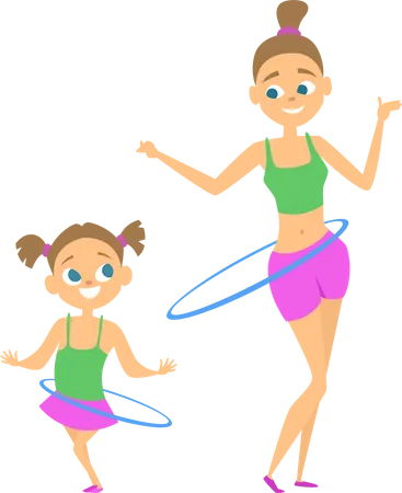 Madre e hija haciendo hula-hoop  Ilustración