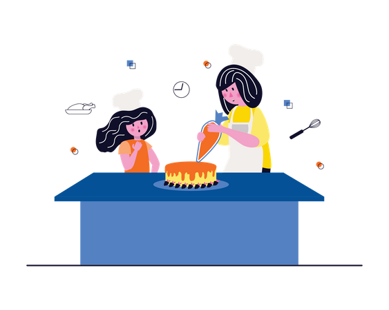 Madre e hija haciendo pastel  Ilustración