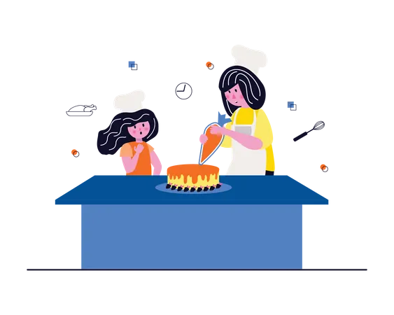 Madre e hija haciendo pastel  Ilustración
