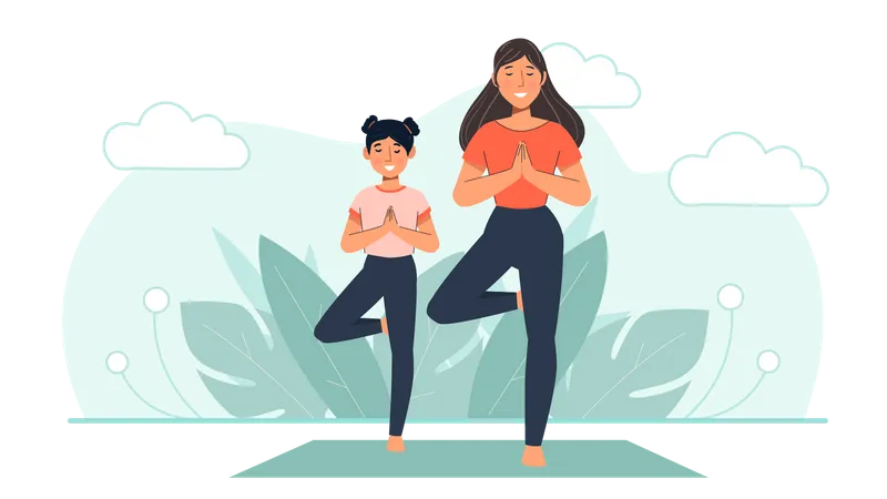 Madre e hija haciendo yoga  Ilustración