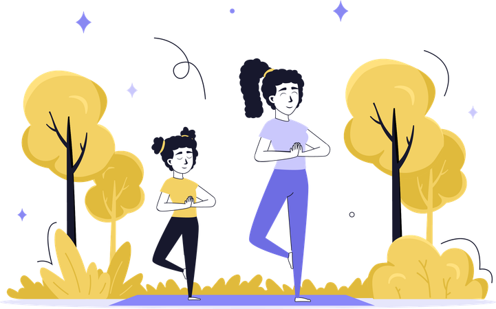 Madre e hija haciendo yoga en el parque  Ilustración