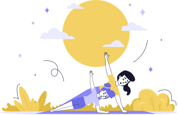Madre e hija haciendo yoga en el parque  Ilustración