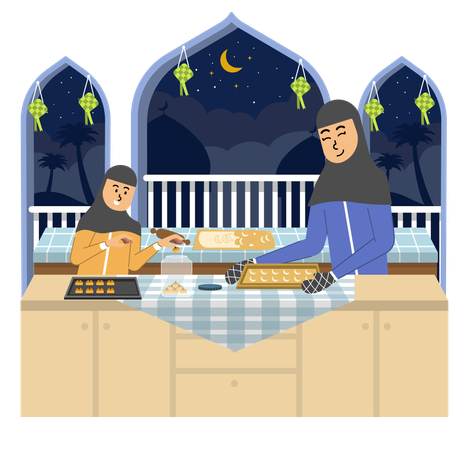 Madre e hija hornean juntas galletas de Eid en anticipación del Eid al-Fitr  Ilustración