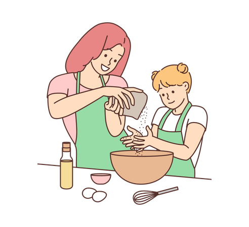 Madre e hija horneando comida  Ilustración