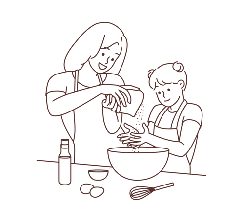 Madre e hija horneando comida  Ilustración