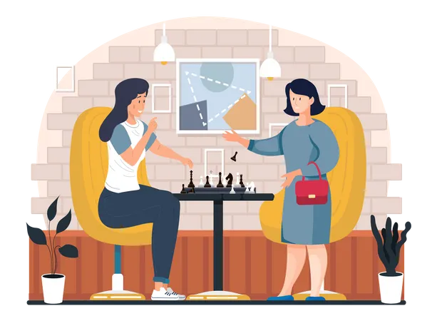 Madre e hija jugando al ajedrez  Ilustración
