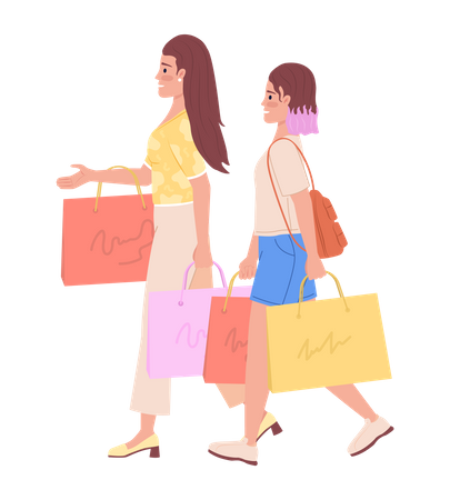 Mamá e hija modernas comprando ropa juntas  Ilustración