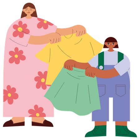 Madre e hija mostrando ropa.  Ilustración