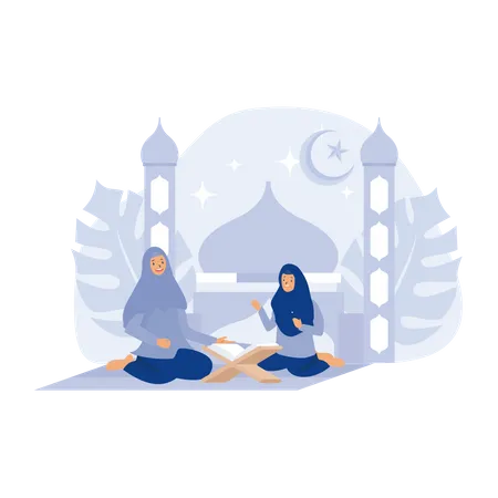 Madre musulmana e hija leyendo el Corán, con fondo de mezquita, ilustración moderna de vector plano  Ilustración