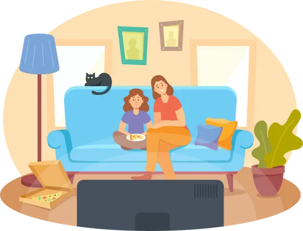 Madre e hija pequeña con pizza y gato sentados en el sofá viendo una película  Ilustración