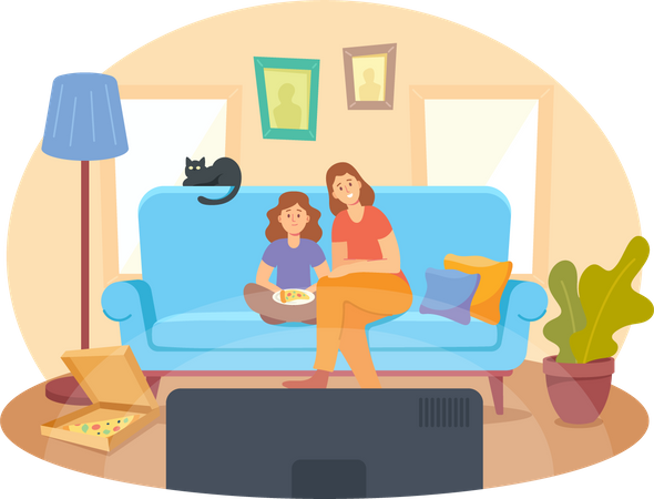 Madre e hija pequeña con pizza y gato sentados en el sofá viendo una película  Ilustración