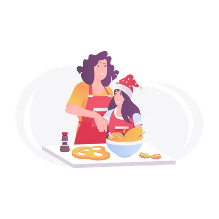 Madre e hija preparando la cena de Navidad  Ilustración