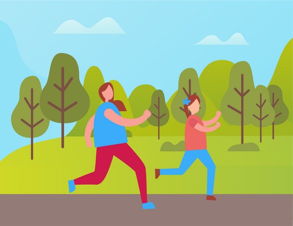 Madre e hija salen a correr en el parque  Ilustración