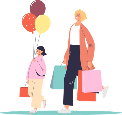 Mamá e hija yendo de compras  Ilustración