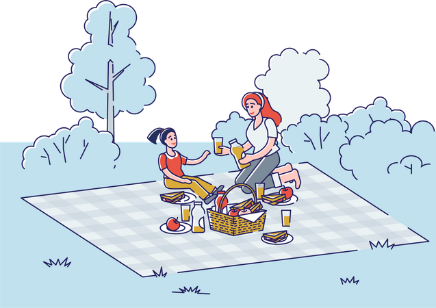 Madre e hijas de picnic en el parque  Ilustración