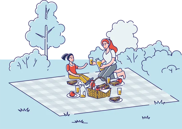 Madre e hijas de picnic en el parque  Ilustración