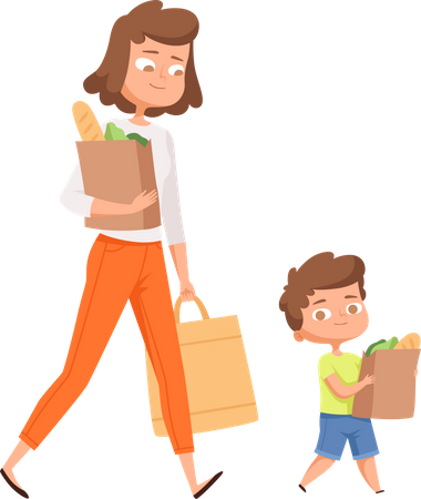 Madre e hijo caminando con bolsas de verduras.  Ilustración