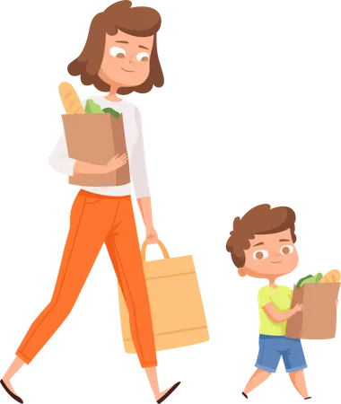 Madre e hijo caminando con bolsas de verduras.  Ilustración