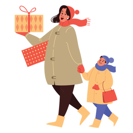 Madre e hijo caminando con regalos de Navidad  Illustration