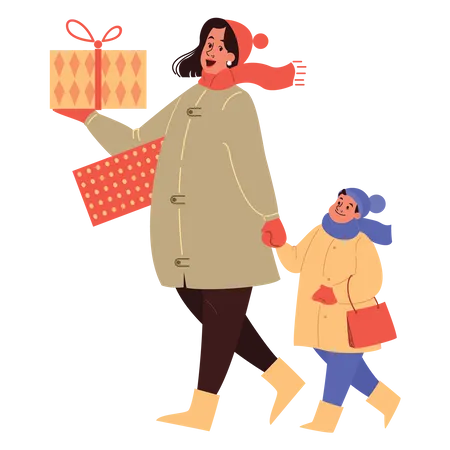 Madre e hijo caminando con regalos de Navidad  Illustration