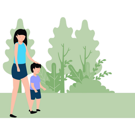 Madre e hijo caminando en el parque  Ilustración