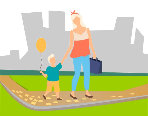 Madre e hijo caminando en el parque  Ilustración