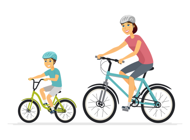 Madre e hijo en bicicleta  Ilustración