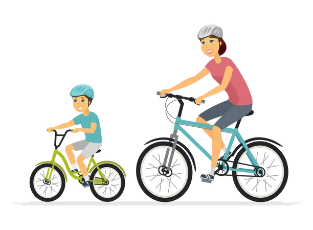 Madre e hijo en bicicleta  Ilustración