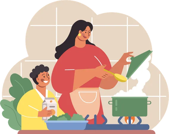 Madre e hijo cocinando comida  Ilustración