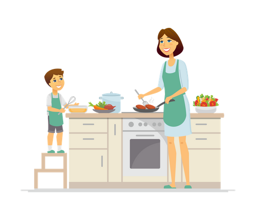 Madre e hijo cocinando en la cocina.  Ilustración