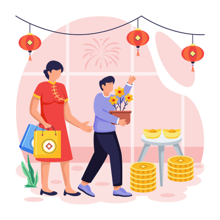 Madre e hijo comprando regalos en el año nuevo chino  Illustration