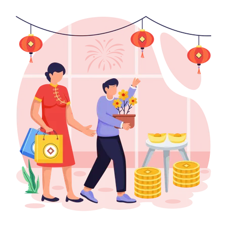 Madre e hijo comprando regalos en el año nuevo chino  Illustration