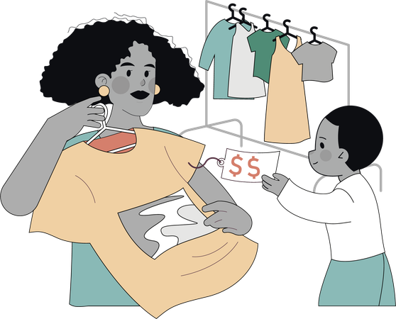 Madre e hijo comprando camiseta  Ilustración