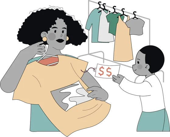 Madre e hijo comprando camiseta  Ilustración