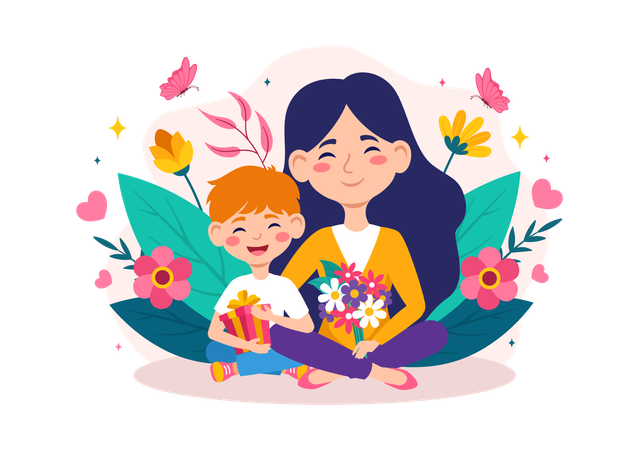 Madre e hijo con flor y regalo.  Ilustración