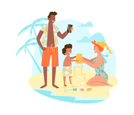 Madre e hijo construyen un castillo de arena y el padre se toma una foto.  Ilustración
